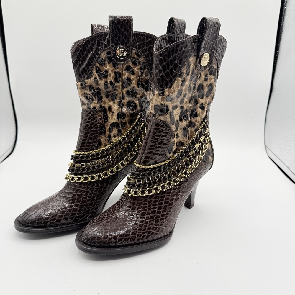 J Renee Bree Boots Womens Size 5.5 Brown‎ Leopard Snake Print Chain Heel